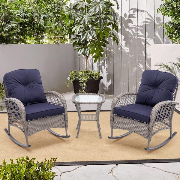 Cesicia 3Piece Grey Wicker Outdoor Rocking Chair with Blue Cushion