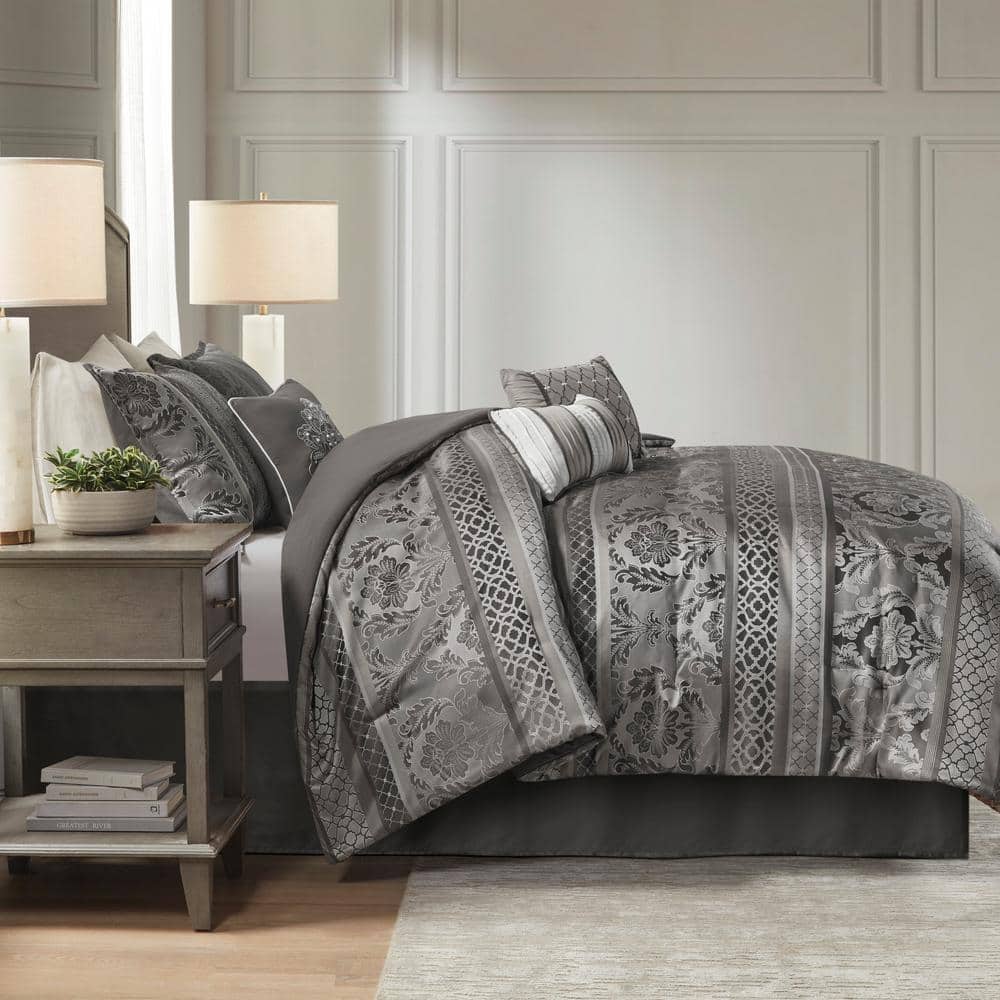 Gray King Jacquard Embroidered 7-Piece Comforter Set