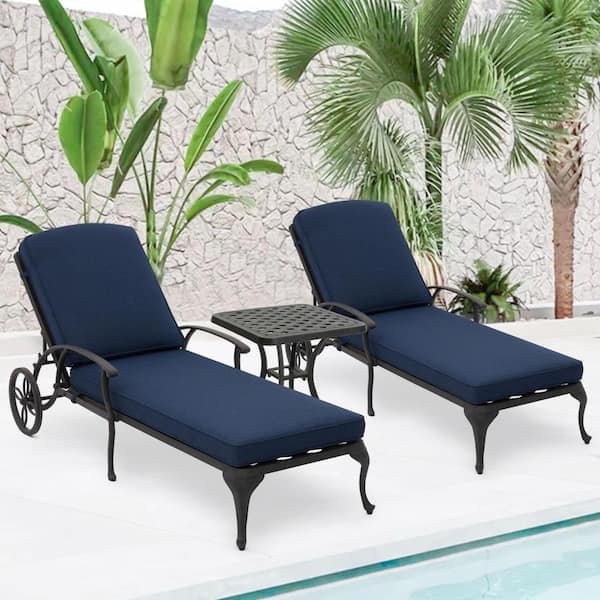 Antique Bronze 3-Piece Aluminum Adjustable Reclining Outdoor Chaise Lounge with Navy Blue Cushions