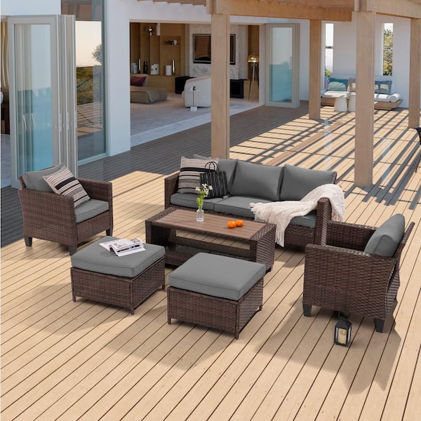 6-Piece Patio Sofa Set Brown Wicker Outdoor Furniture Set with Coffee Table, Gray