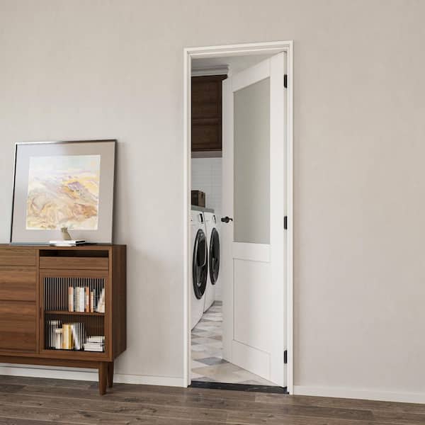 24 in. x 80 in. 1/2-Lite Frosted Glass Right Handed White Solid Core MDF Door with Quick Assemble Jamb Kit