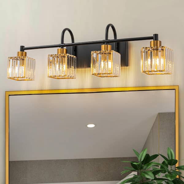 EDISLIVE Orillia 28.7 in. 4-Light Crystal Bathroom Black and Gold Vanity Light Bathroom Wall Light