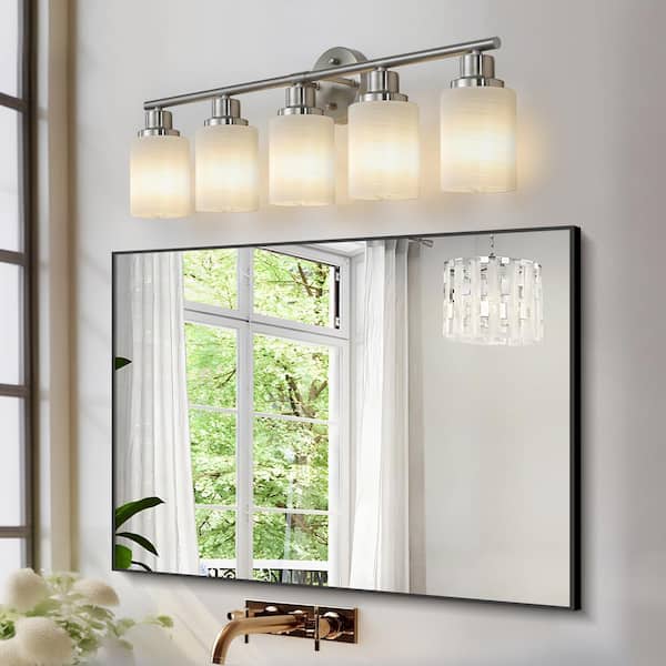 31 in. 5-Light Brushed Nickel Vanity Light Wall Sconce w/ Frosted Glass Shades (No Bulbs)