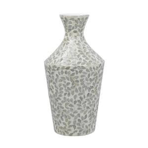 20 in. White Bamboo Decorative Paper Powder Vase with Tapered Design and White Floral Capiz Shell Motif for Home Decor