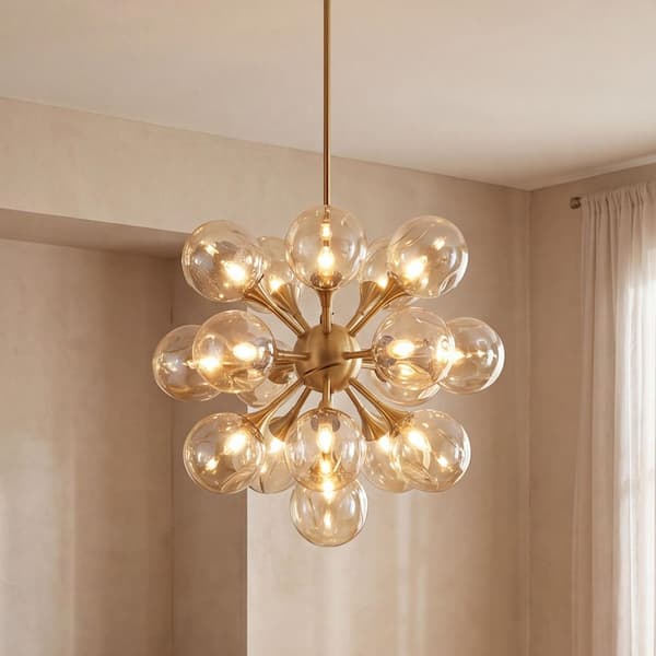 Matisse 16-Light Warm Brass Mid-Century Modern Contemporary Sputnik Chandelier with Gold Plated Glass Shades