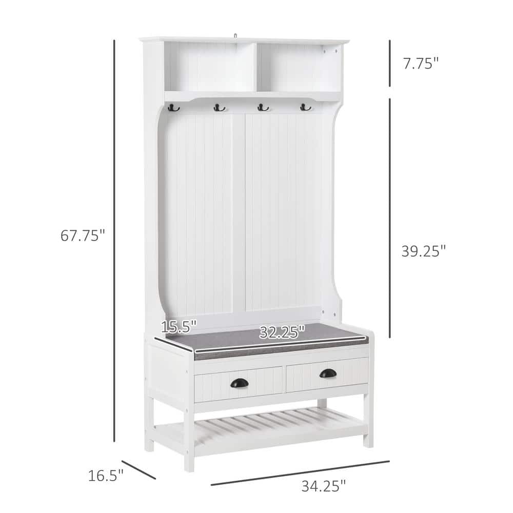 White Hall Tree with Storage Drawers and Hooks