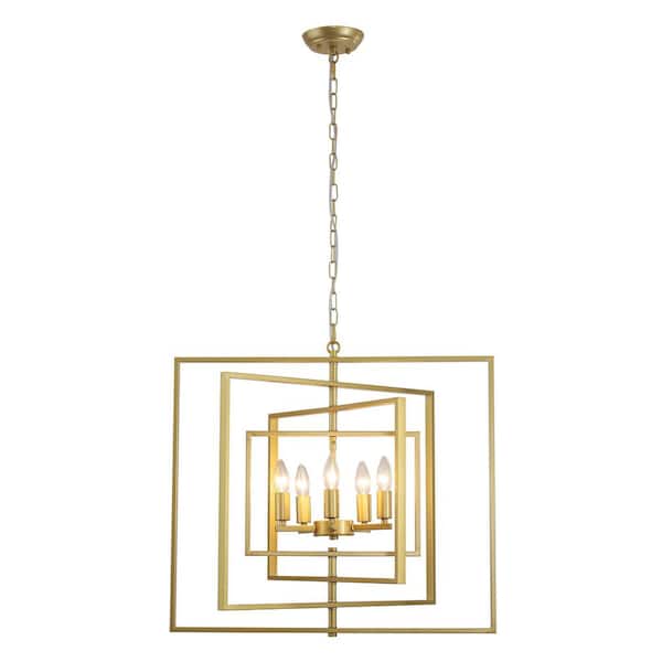 5-Light Gold Candlestick Rustic Hanging Linear Chandelier Lighting for Kitchen Island