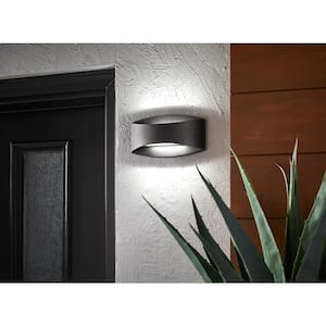 Greeleyville 4.375 in. 2-Light Sand Black Outdoor Integrated LED Wall Lantern Sconce with Etched Glass