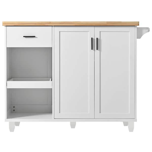 Boosicavelly 49.02 inch White Wood Kitchen Cart with Slide-Out Shelf, Towel Rack and Drawer, Rolling Kitchen Cart on Wheels