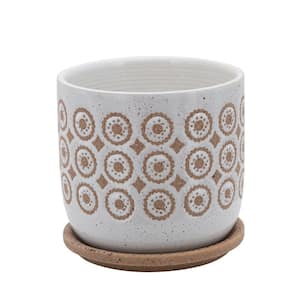 Beige and White Ceramic Floral Motif Pattern and Saucer Planter