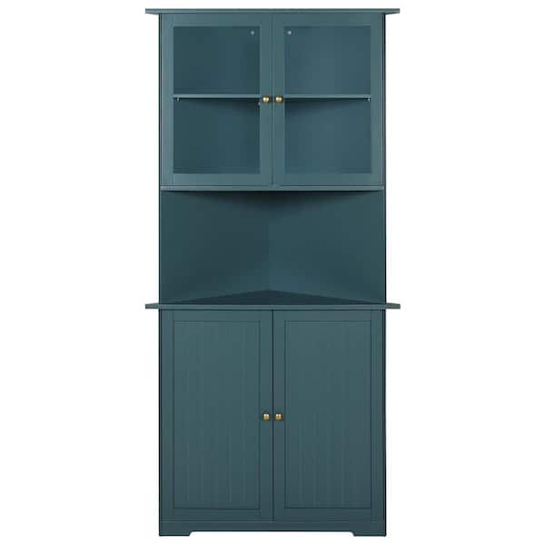 VEIKOUS 34 in. W x 25 in. D x 71 in. H Blue Corner Linen Cabinet Storage with Adjustable Shelves and Glass Doors in Blue