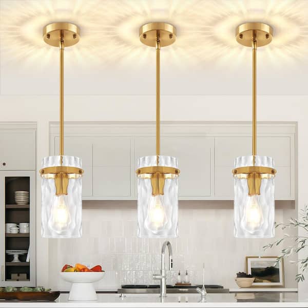 1-Light Gold Modern Pendant Light with Cylinder Clear Water Glass Shade (Set of 3)