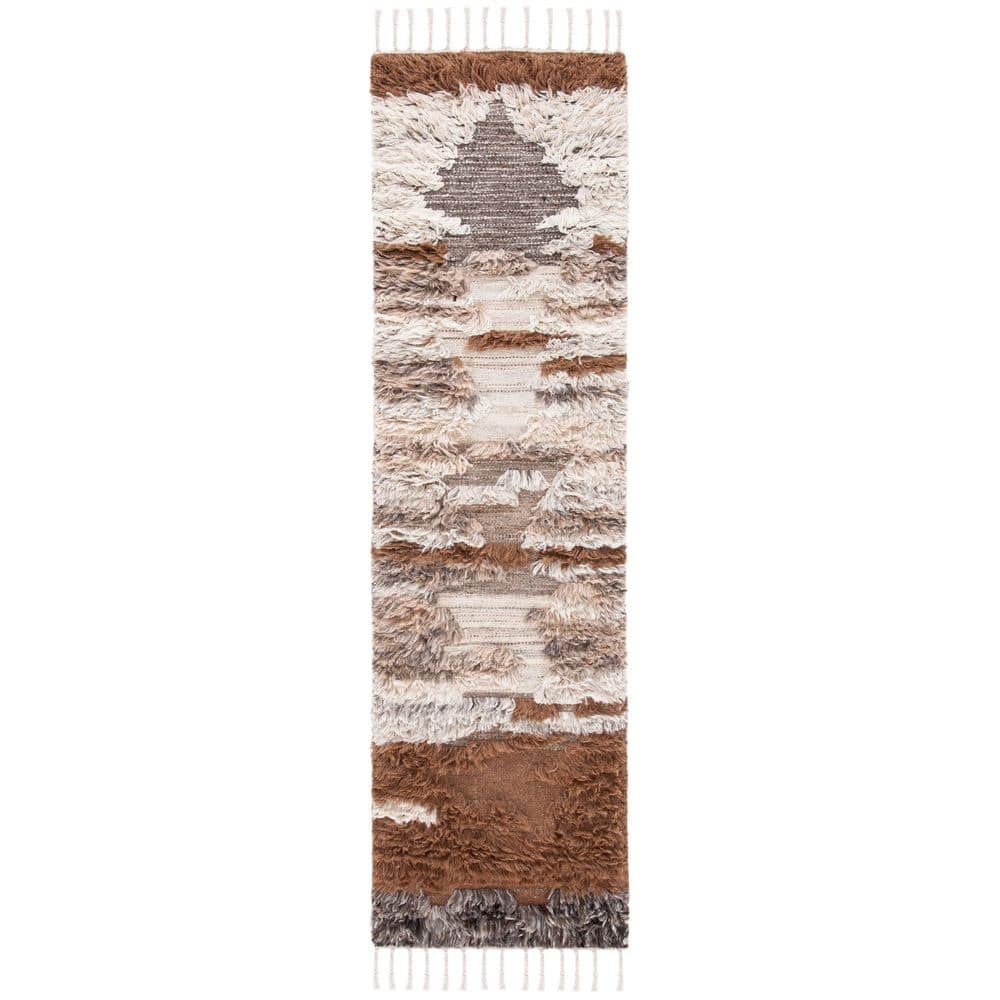 Gray and Brown Hand-Knotted Wool Runner Rug with Tassels