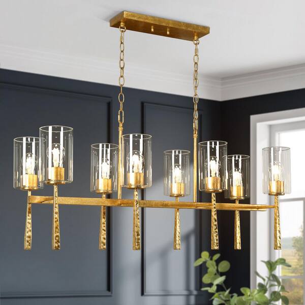 8-Light Vintage Goldleaf Linear Chandelier for Kitchen Island with Clear Glass Shades