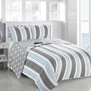 Multi-Colored Reversible Nautical Striped Full/Queen Microfiber 3-Piece Quilt Set Bedspread
