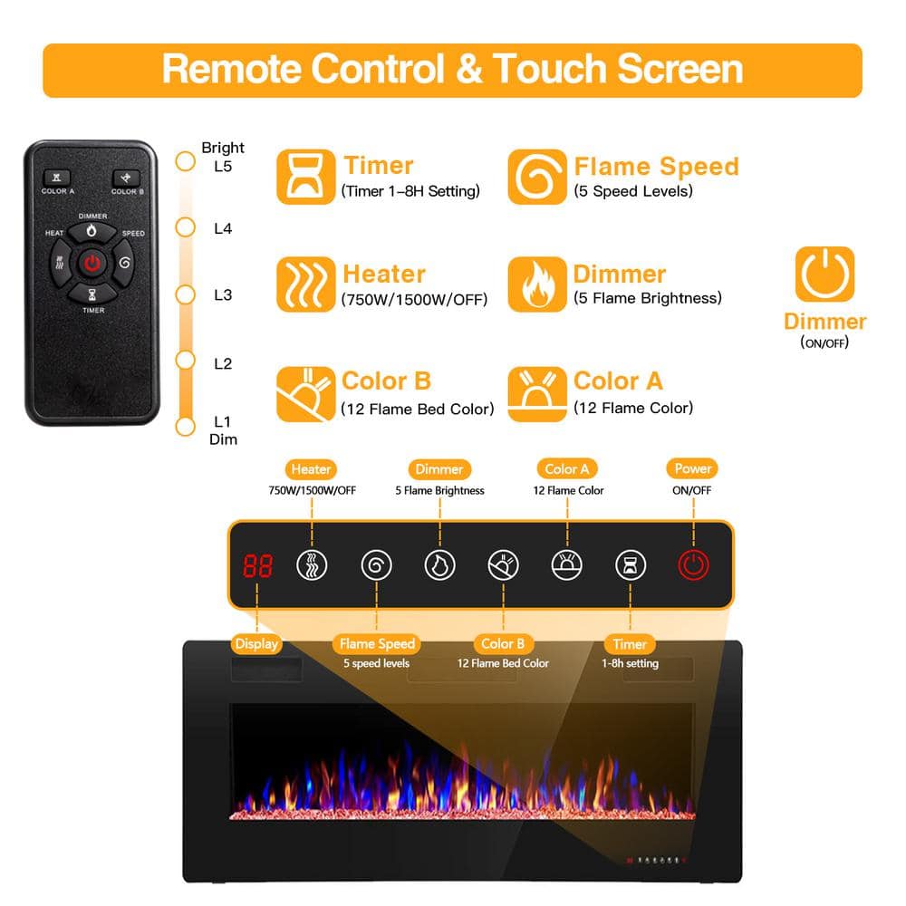 42-Inch Black Wall Mounted Electric Fireplace with Remote