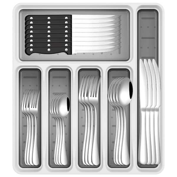 49-Piece Stainless Steel Flatware Serving Sets with Organizer for 8, Cutlery Set with Steak Knives and Utensils
