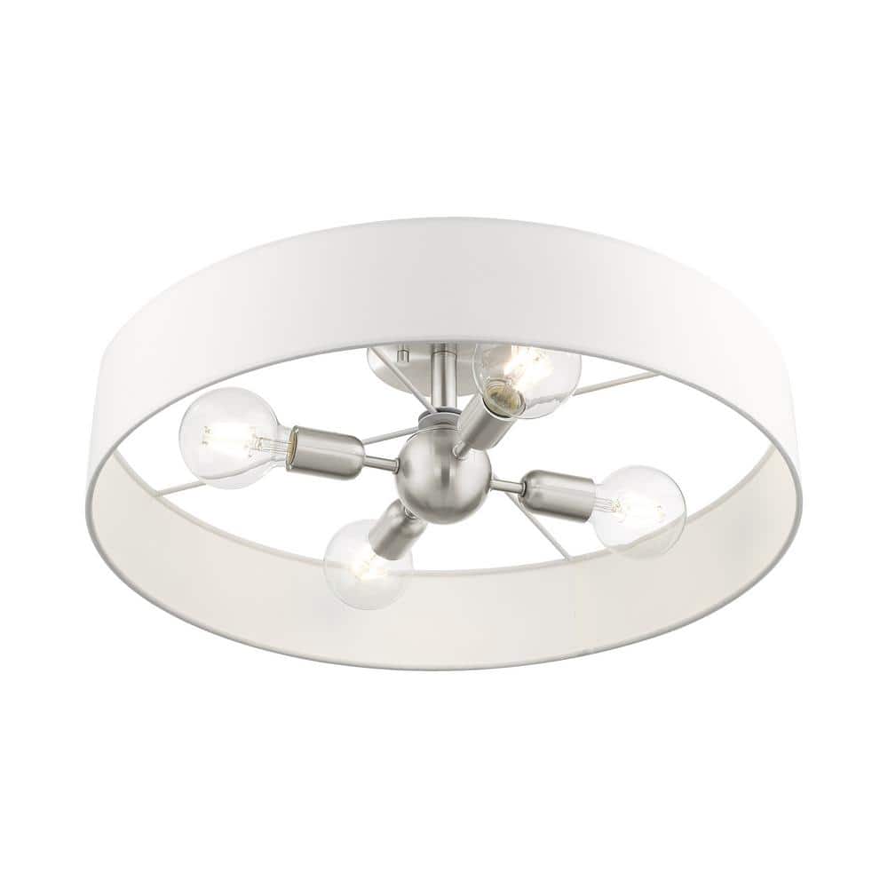 Sophisticated Brushed Nickel 4-Light Indoor/Outdoor Drum Pendant with Off-White Fabric Shade