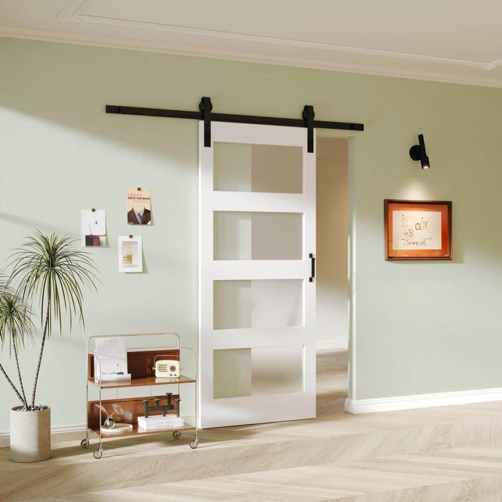 White 36" x 84" 4-Lite Frosted Glass Sliding Barn Door Kit