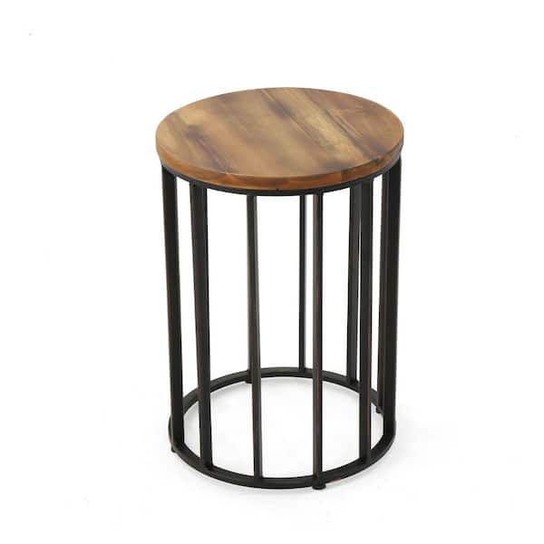 ITOPFOX Natural Metal Wood Side Table Modern Pedestal Industrial Design Water-Resistant Wicker Rustic Outdoor Decor for Patio
