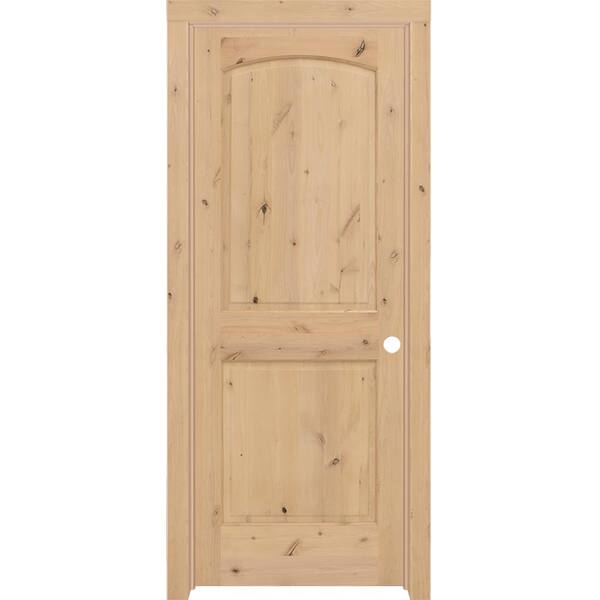 Steves & Sons 28 in. x 80 in. 2-Panel Round Top LH Unfinished Knotty Alder Single Prehung Interior Door with Nickel Hinges and Casing
