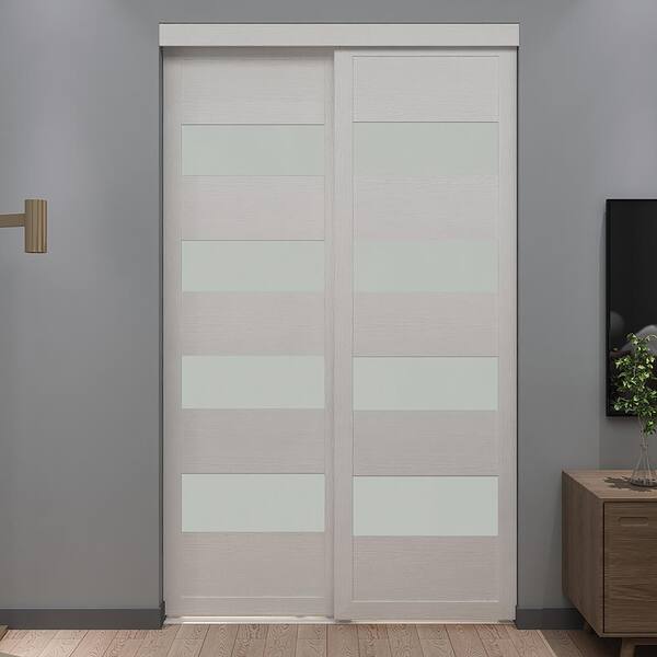 Unbranded 60 in. x 80.5 in. 4-Lite White Woodgrain Fusion MDF Frosted Sliding Closet Door