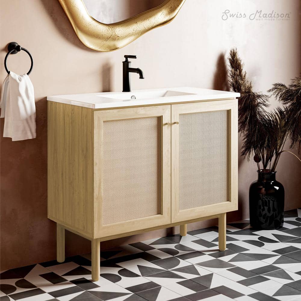 Natural Oak and White Ceramic Freestanding Bathroom Vanity