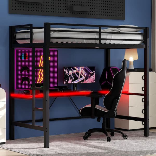 Nestfair Black Twin Size Gaming Metal Loft Bed with LED Light and Desk