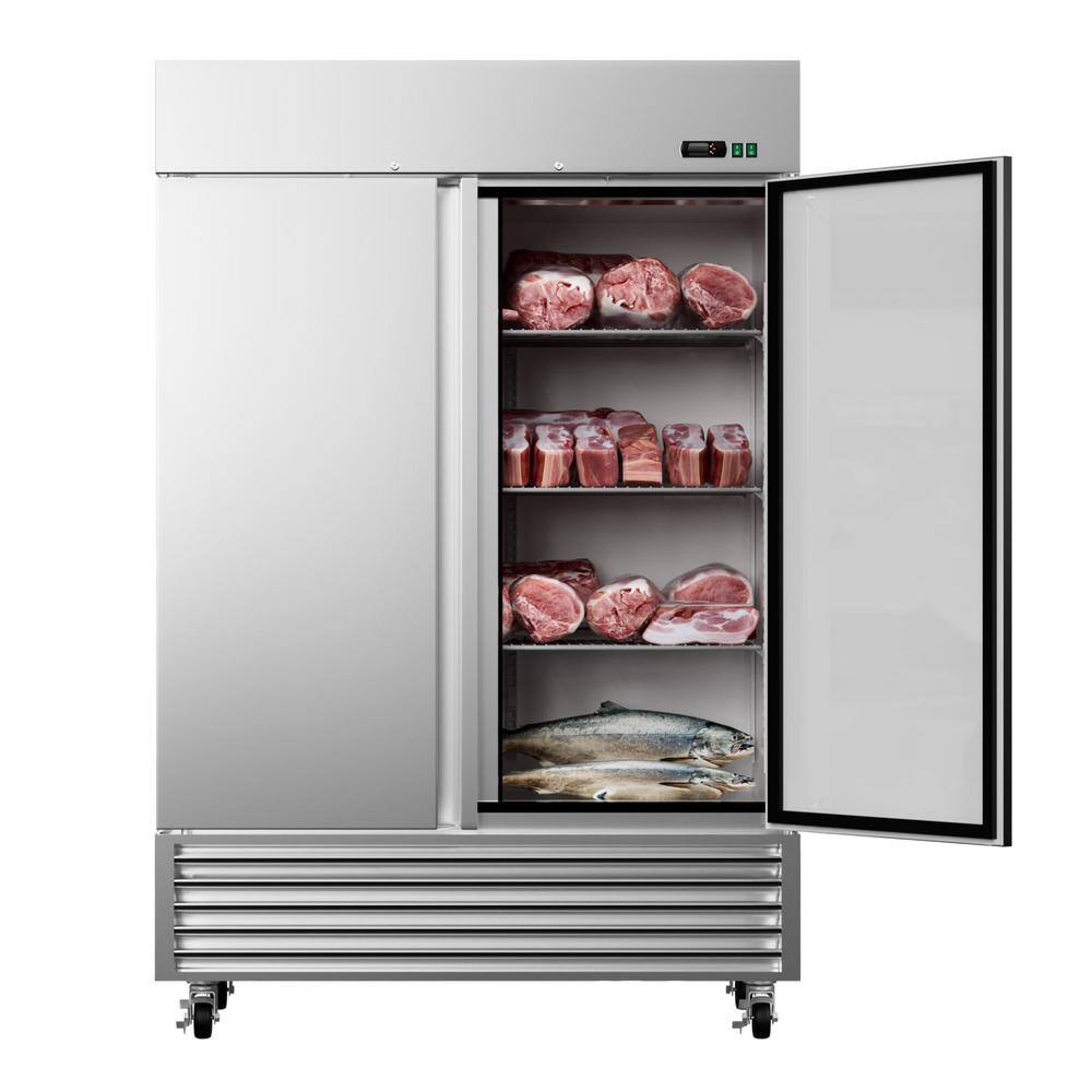 54 in. Commercial Freezer 2 Solid Door, 49 cu. ft. 2 Section Stainless Steel Reach-in Freezer for Restaurant, Bar, Shop, Silver