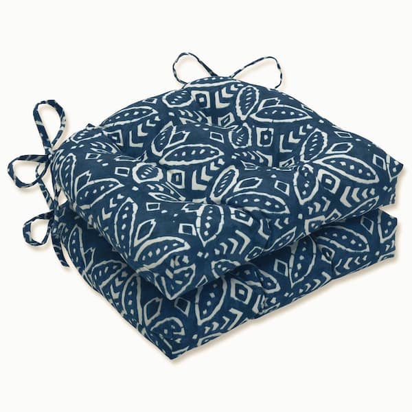 Pillow Perfect 17.5 in. x 17 in. Outdoor Dining Chair Cushion in Blue/Ivory (Set of 2)