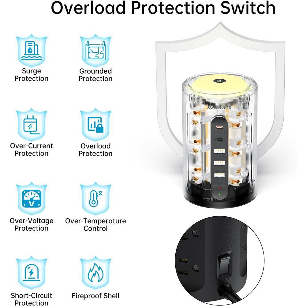 Black 12-Outlet Power Strip Tower with USB Ports and Night Light