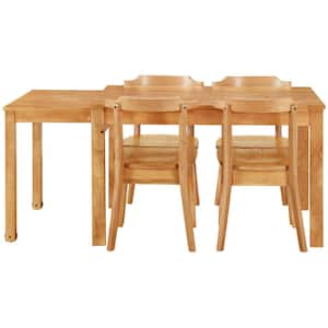 Natural 5-Piece Wood Outdoor Dining Set, Dining Table Set with Wheels and Pull-out Side Table for Kitchen, Dining Room