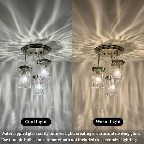 Essel 9.84 in. 3-Light Brushed Nickel Modern Semi-Flush Mount With Hammered Glass Shade and No Bulbs Included