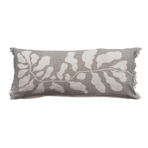 Cotton Lumbar Pillow with Botanical Print and Fringe, Grey