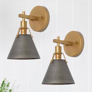 6 in. Brushed Vintage Gold Mid-Century Bell Wall Sconce with Metal Shade & Gray Accent 1-Light Vanity Lighting (2-Pack)