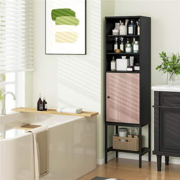 15 in. W x 12 in. D x 57 in. H Black Wood Free-Standing Bathroom Linen Cabinet with 1 Door and 4 Shelves
