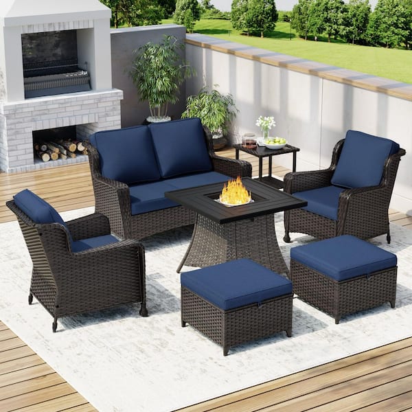 7-Piece Wicker Patio Fire Pit Conversation Set with Dark Blue Cushions 1 Couch,2 Chairs,2 Ottomans,1 Table,1 Fire Pit