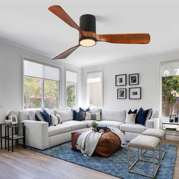 52 in. Indoor Walnut Solid Wood 6-Speeds Remote Ceiling Fan with Reversible DC Motor - Flush Mount, Country Style