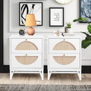 Modern Rattan 2-Drawer White Nightstand (Set of 2) Accent Bedside Table with Storage Cabinet Wood Sofa Side Table