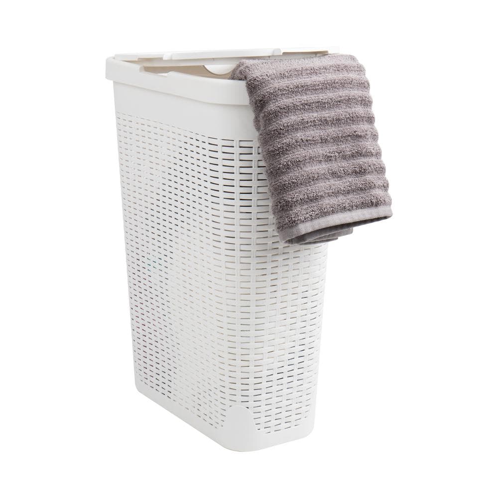 White Slim Rectangular Wicker Laundry Hamper with Lid