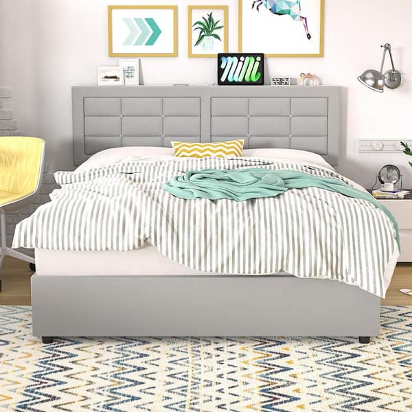 VECELO Upholstered Bed, Gray Metal Frame Queen Platform Bed with Wood Slats Support, Headboard, Built-in USB and Type C Ports