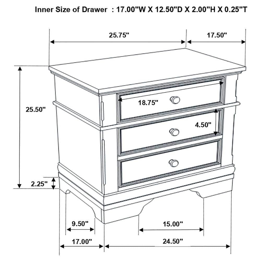 Traditional Brown 3-Drawer Solid Wood Nightstand