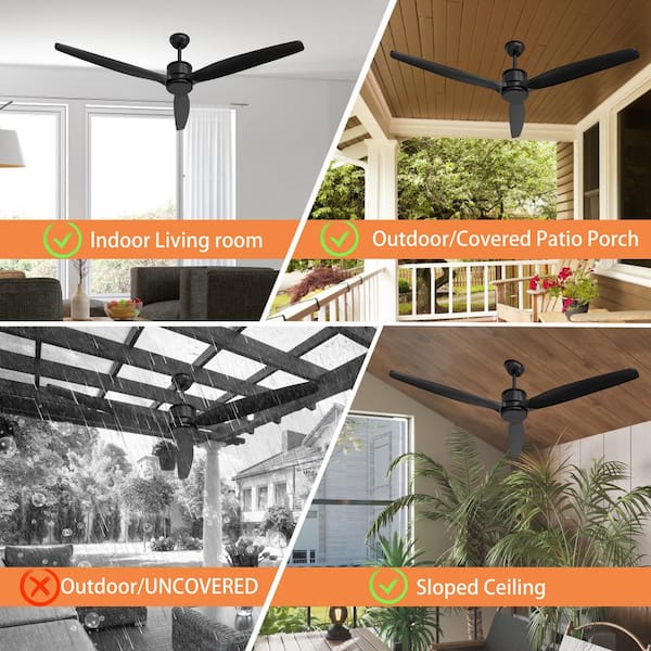 Indoor/Outdoor Use 60 in. Black 3 Wooden Blade Propeller Ceiling Fan with Remote Control, DC Motor, 6-Speed Adjustable