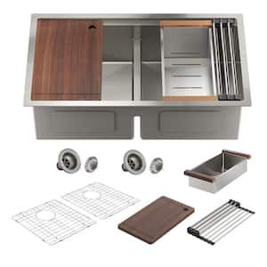 33 in. Undermount Double Bowl 18-Gauge Brushed Stainless Steel Kitchen Sink with Cutting Board, Accessories