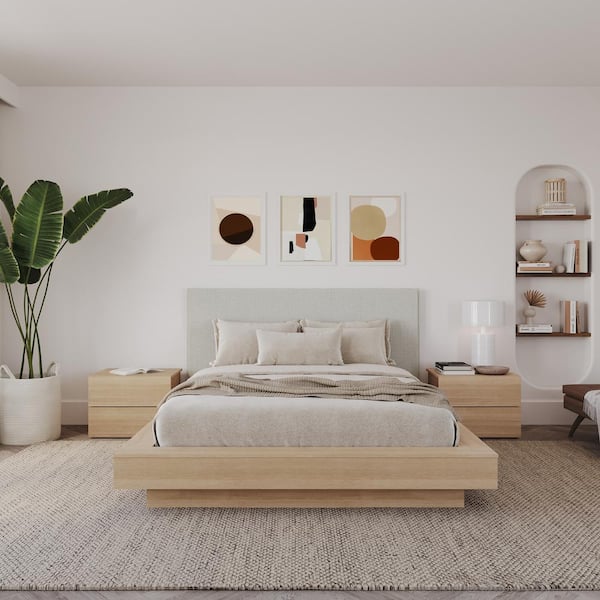 Nexera Julian 4-Piece Natural Blonde Oak Wood Queen Size Bedroom Set with Upholstered Headboard