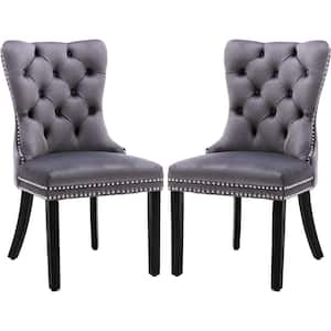 Dark Grey Velvet Upholstered Dining Chairs Side Chairs Set of 2 Accent Diner Stylish Kitchen with Wood Legs and Padded