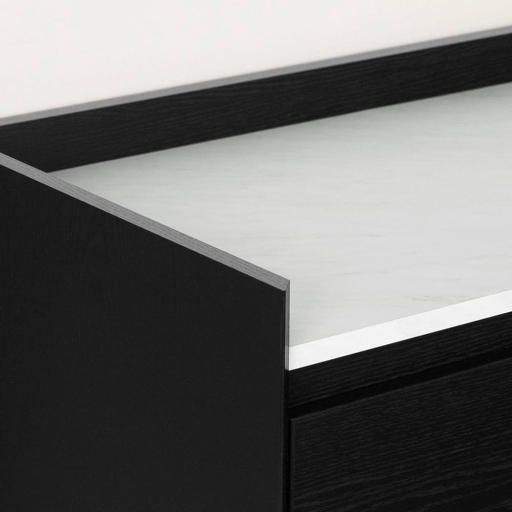 Black Oak and Faux Carrara Marble 2-Drawer Nightstand with Brass Legs