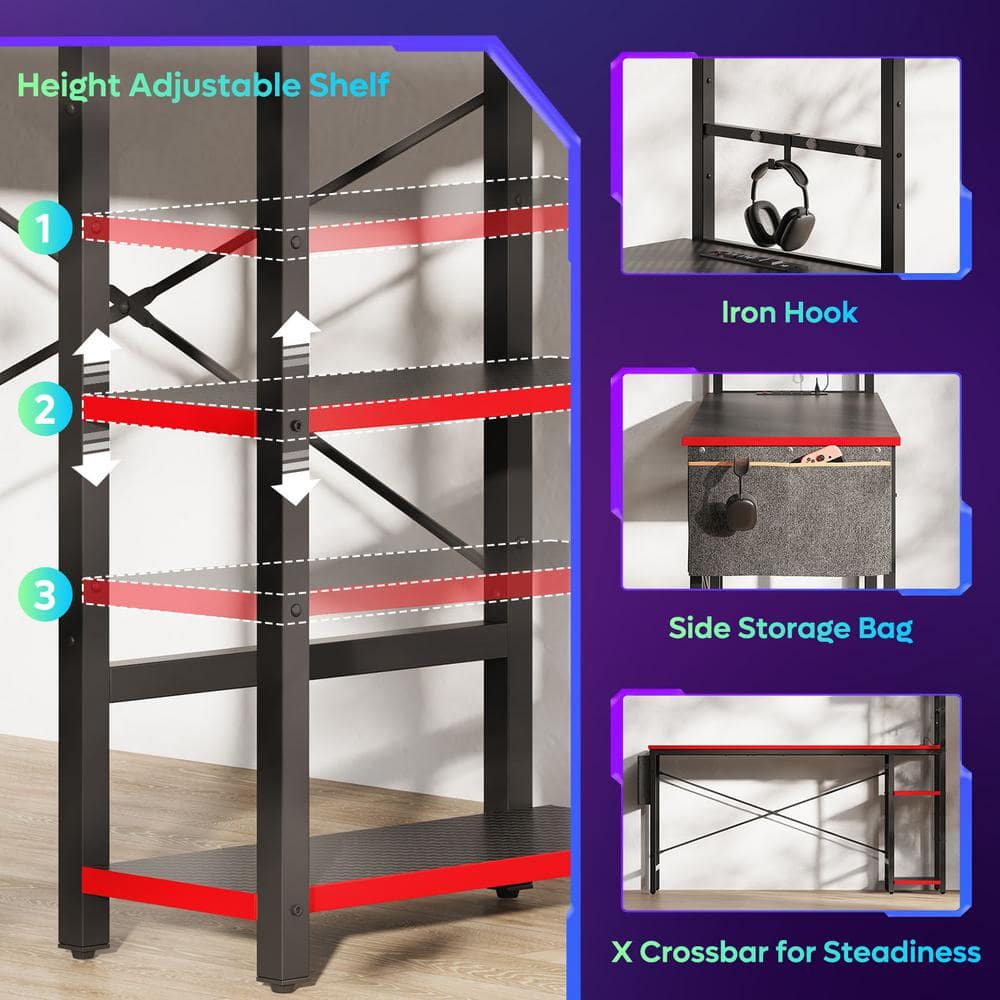 Black Carbon Fiber Gaming Desk with Reversible Shelves and Power Outlets