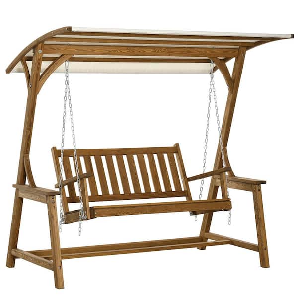 Outsunny 75.25 in. 2 Person Stained Wood Porch Swing with Canopy, Wooden Patio Swing Chair, Outdoor Swing Seat Loveseat