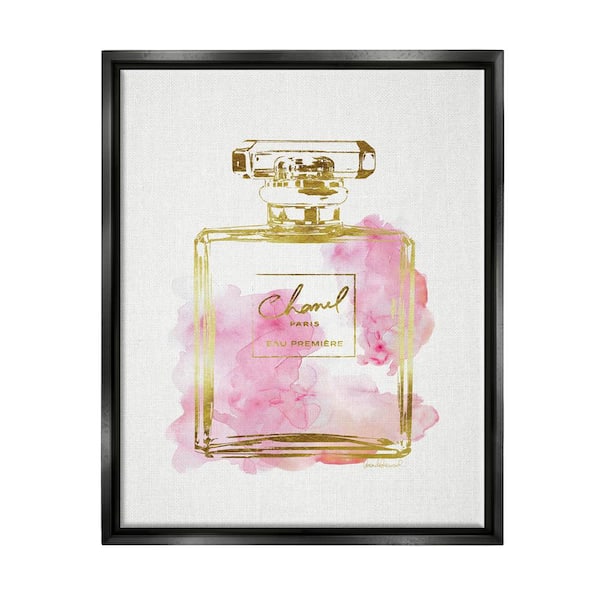 The Stupell Home Decor Collection Glam Perfume Bottle Gold Pink by Amanda Greenwood Floater Frame Culture Wall Art Print 25 in. x 31 in.